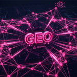 Futuristinen digitaalinen verkosto ja hehkuva 3D-teksti GEO, joka edustaa modernia hakukoneoptimointia (SEO) AEOvaran brändiväreissä.